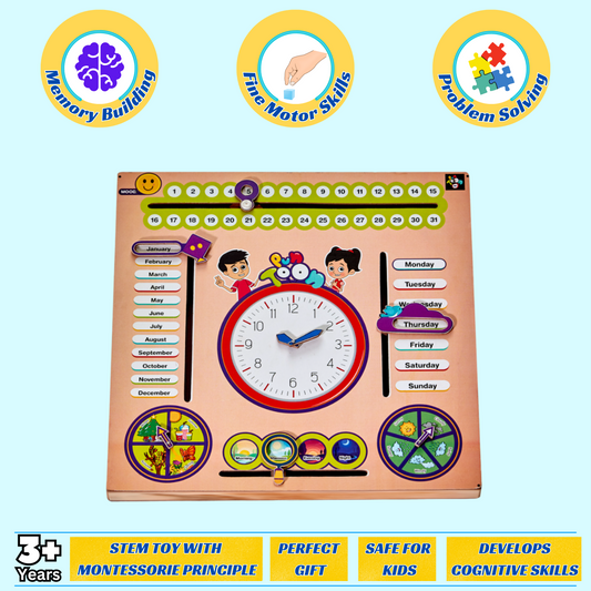PunToon Kids 7 in 1 Wooden Calendar Toy Clock with Sliders Board Game For Kids | Early Learning Educational Toy for Toddlers, Boys & Girls