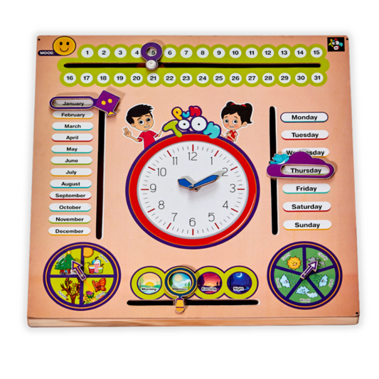 PunToon Kids 7 in 1 Wooden Calendar Toy Clock with Sliders Board Game For Kids | Early Learning Educational Toy for Toddlers, Boys & Girls