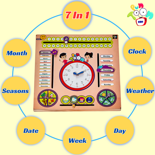 PunToon Kids 7 in 1 Wooden Calendar Toy Clock with Sliders Board Game For Kids | Early Learning Educational Toy for Toddlers, Boys & Girls