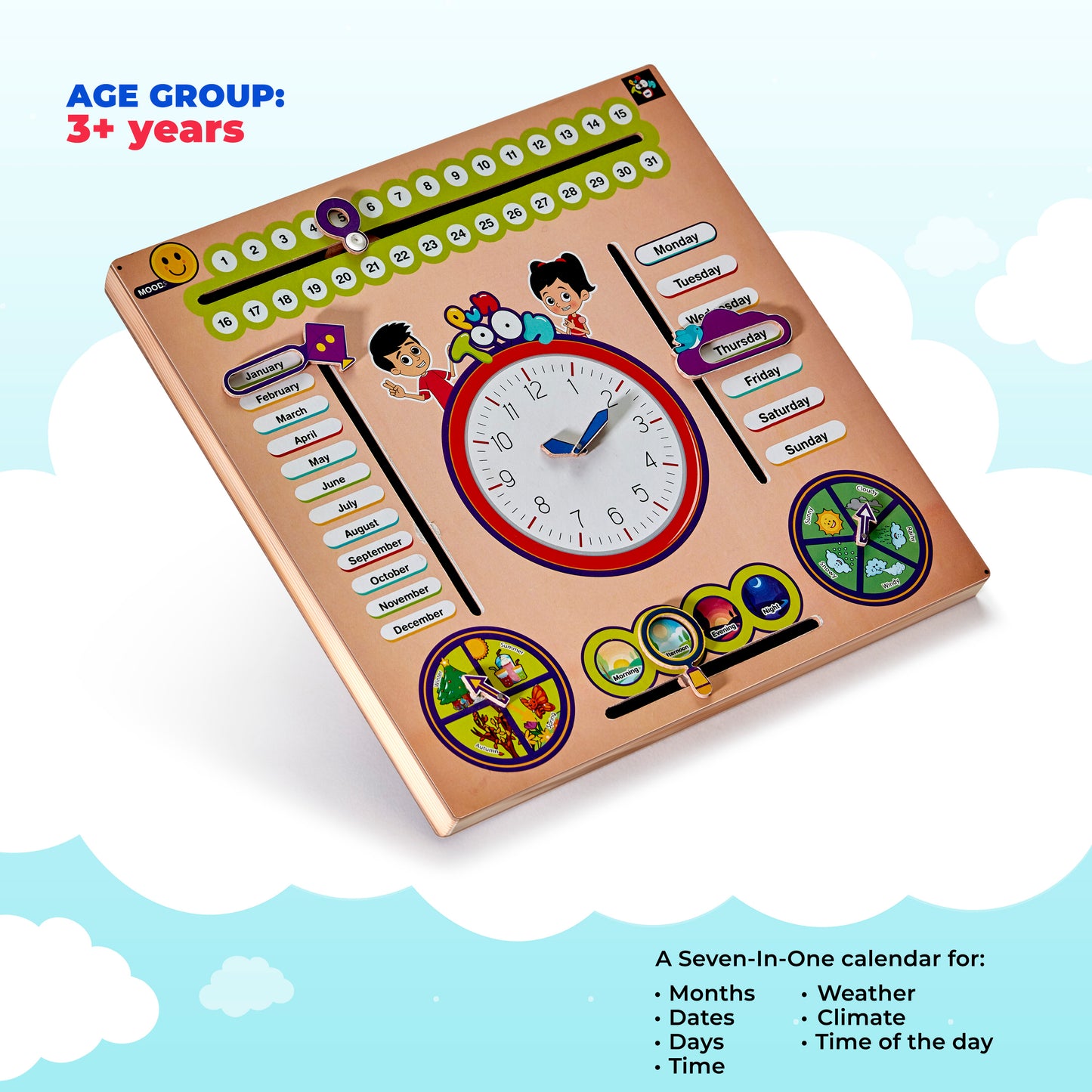 7 in 1 Wooden Calendar Toy Clock with Sliders Board Game