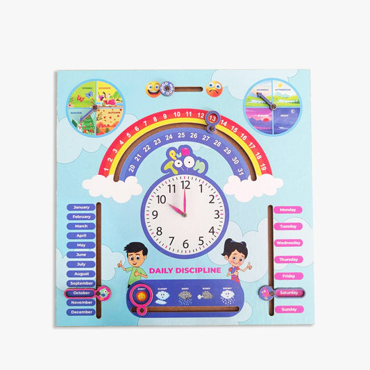 PunToon Kids 7 in 1 Wooden Calendar Toy Clock with Sliders Board Game For Kids | Early Learning Educational Toy for Toddlers, Boys & Girls (Blue)